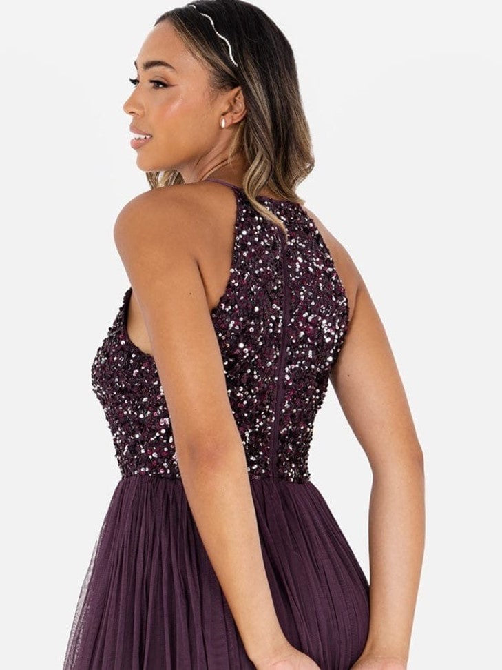 Elegant Wine Sequin Halter Neck Maxi Dress for Women – Party & Evening Wear