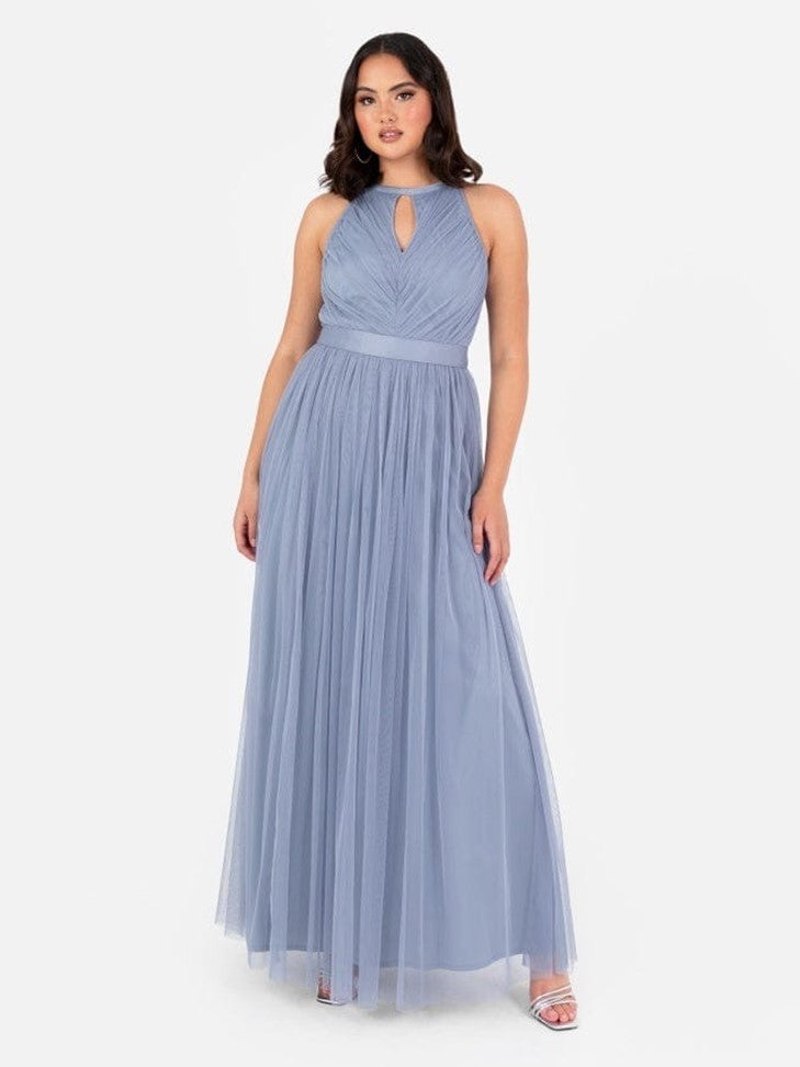 Elegant Dusty Blue Halter Neck Maxi Dress for Women | Pleated Tulle Evening Party Gown