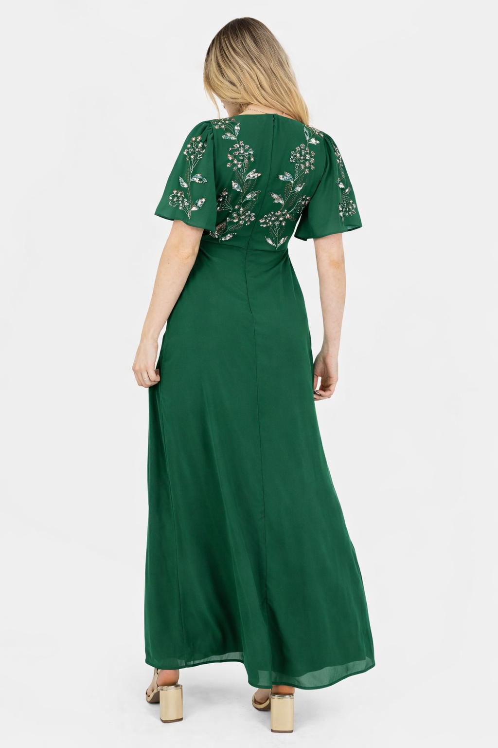 Emerald Green Floral Embroidered Maxi Dress with Front Slit & Ruffle Detail