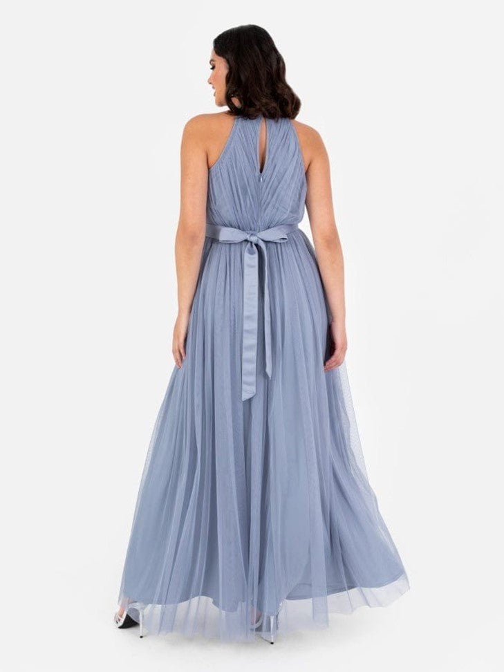 Elegant Dusty Blue Halter Neck Maxi Dress for Women | Pleated Tulle Evening Party Gown