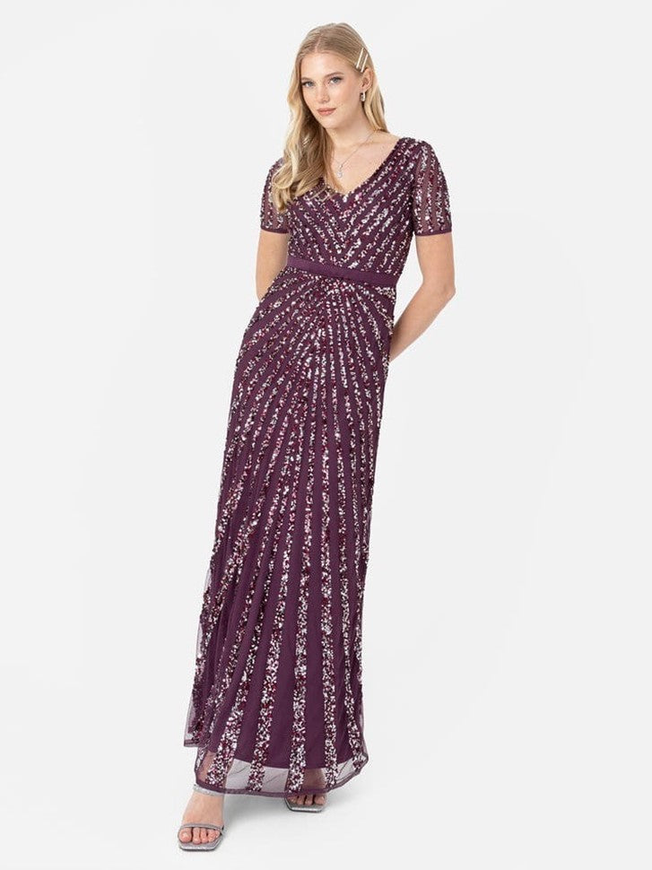 Elegant Wine Purple Sequin Embroidered Maxi Dress for Women | V-Neck Party Wear Evening Gown