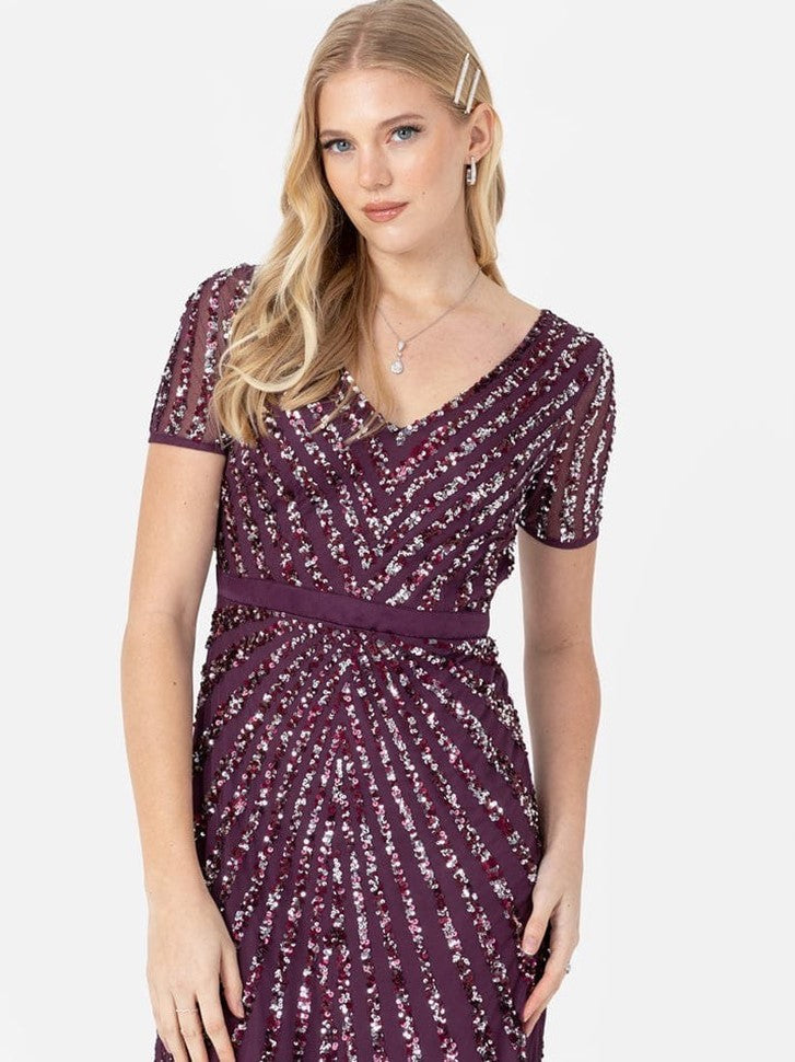 Elegant Wine Purple Sequin Embroidered Maxi Dress for Women | V-Neck Party Wear Evening Gown