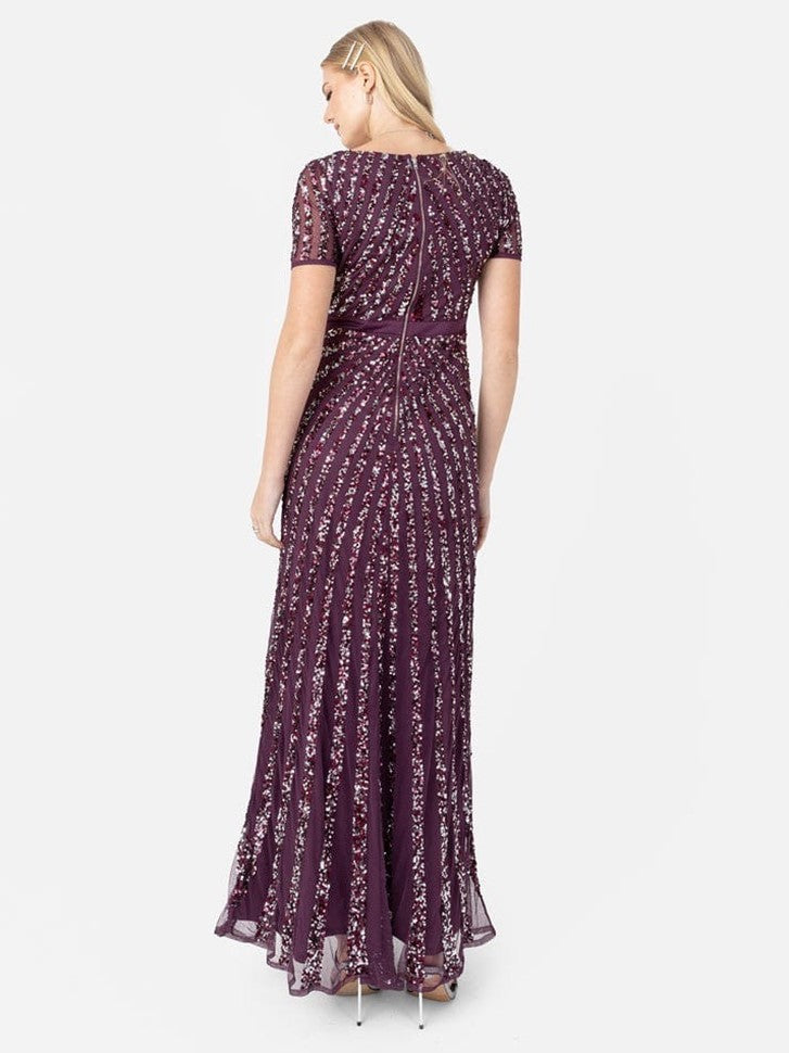Elegant Wine Purple Sequin Embroidered Maxi Dress for Women | V-Neck Party Wear Evening Gown