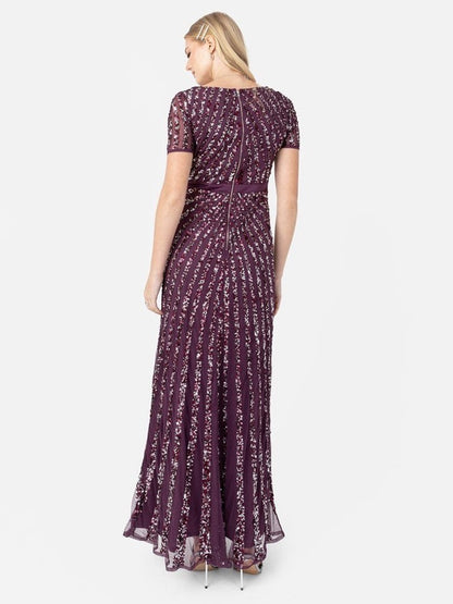 Elegant Wine Purple Sequin Embroidered Maxi Dress for Women | V-Neck Party Wear Evening Gown