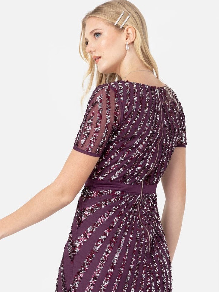 Elegant Wine Purple Sequin Embroidered Maxi Dress for Women | V-Neck Party Wear Evening Gown