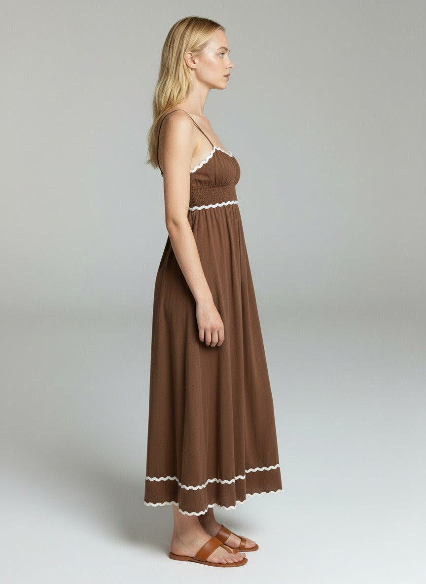 Elegant Brown Spaghetti Strap Maxi Dress with Contrast Wave Trim