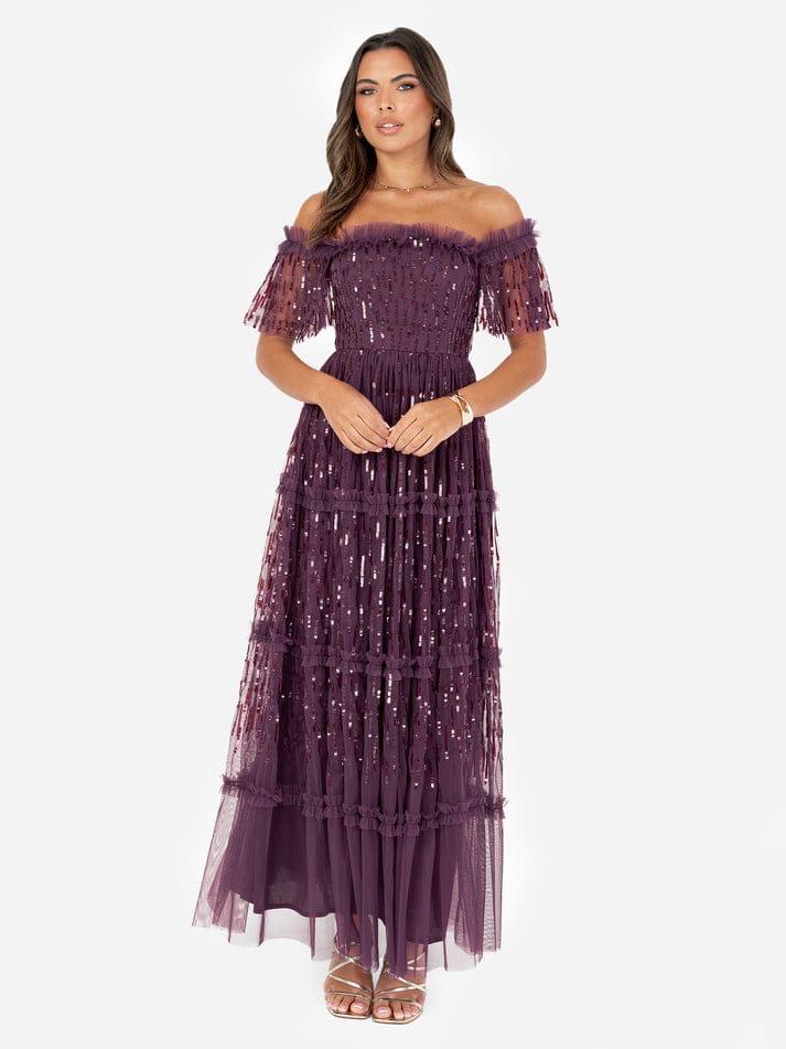 Elegant Off-Shoulder Sequin Net Maxi Dress for Women – Party Wear Purple Evening Gown