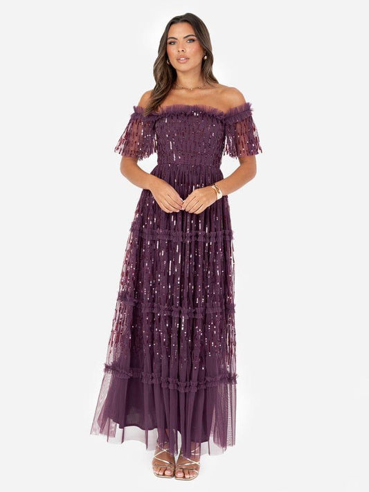 Elegant Off-Shoulder Sequin Net Maxi Dress for Women – Party Wear Purple Evening Gown