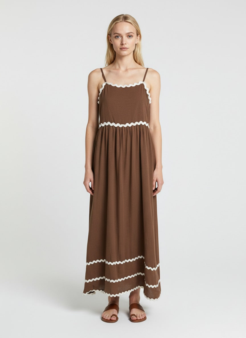 Elegant Brown Spaghetti Strap Maxi Dress with Contrast Wave Trim
