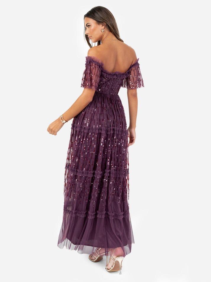 Elegant Off-Shoulder Sequin Net Maxi Dress for Women – Party Wear Purple Evening Gown