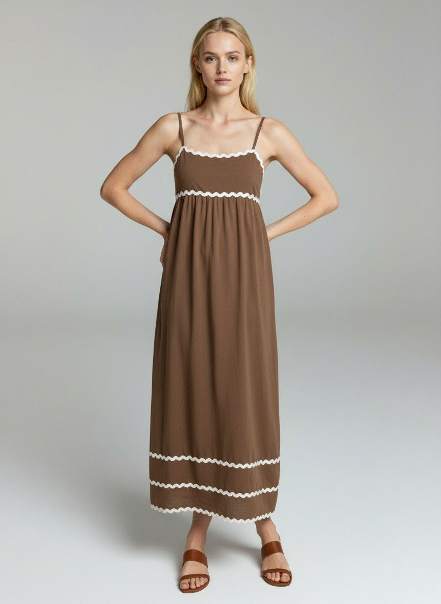 Elegant Brown Spaghetti Strap Maxi Dress with Contrast Wave Trim
