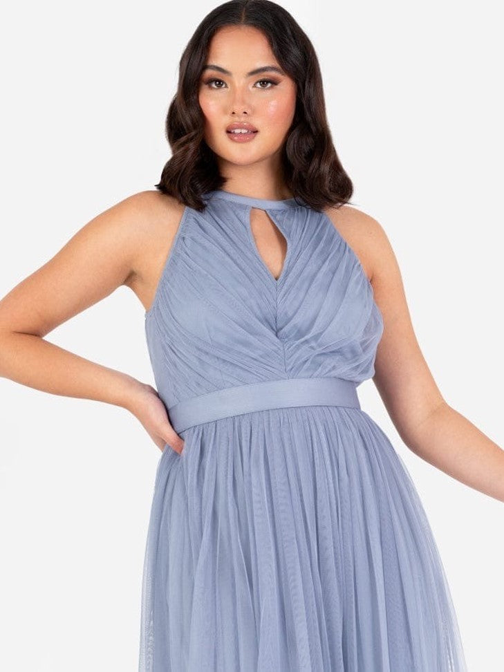 Elegant Dusty Blue Halter Neck Maxi Dress for Women | Pleated Tulle Evening Party Gown