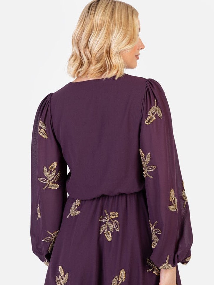 Elegant Plum Embroidered Mini Dress for Women | V-Neck Flare Dress