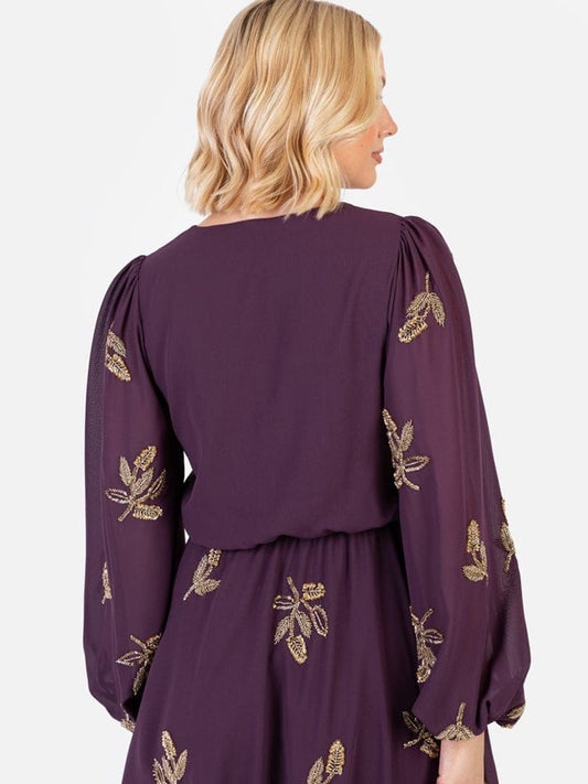 Elegant Plum Embroidered Mini Dress for Women | V-Neck Flare Dress