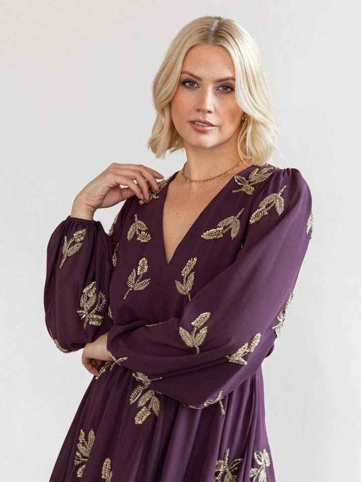 Elegant Plum Embroidered Mini Dress for Women | V-Neck Flare Dress