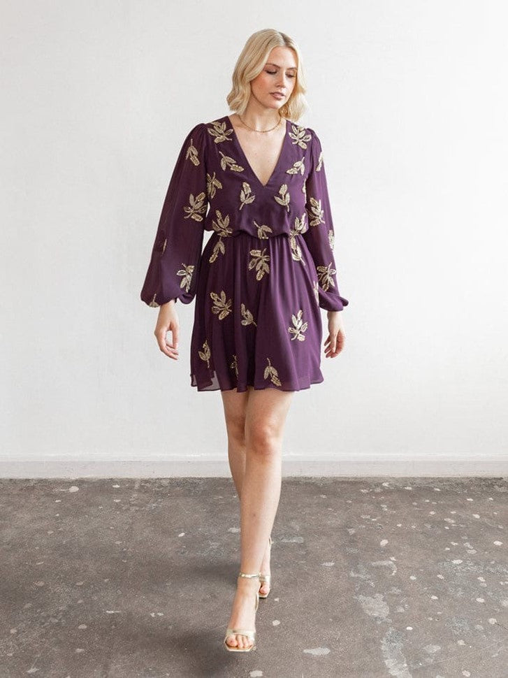 Elegant Plum Embroidered Mini Dress for Women | V-Neck Flare Dress