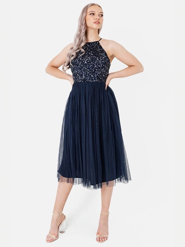 Elegant Navy Sequin Halter Neck Midi Dress for Women | Party & Evening Wear