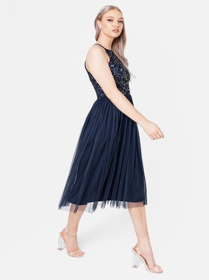 Elegant Navy Sequin Halter Neck Midi Dress for Women | Party & Evening Wear