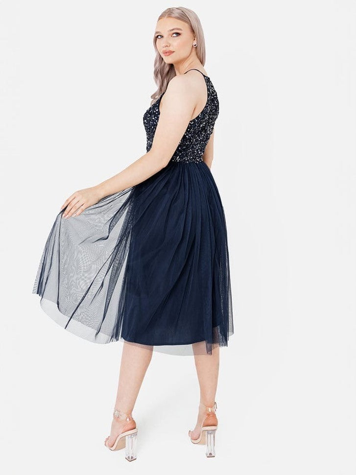 Elegant Navy Sequin Halter Neck Midi Dress for Women | Party & Evening Wear
