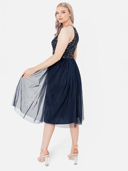 Elegant Navy Sequin Halter Neck Midi Dress for Women | Party & Evening Wear