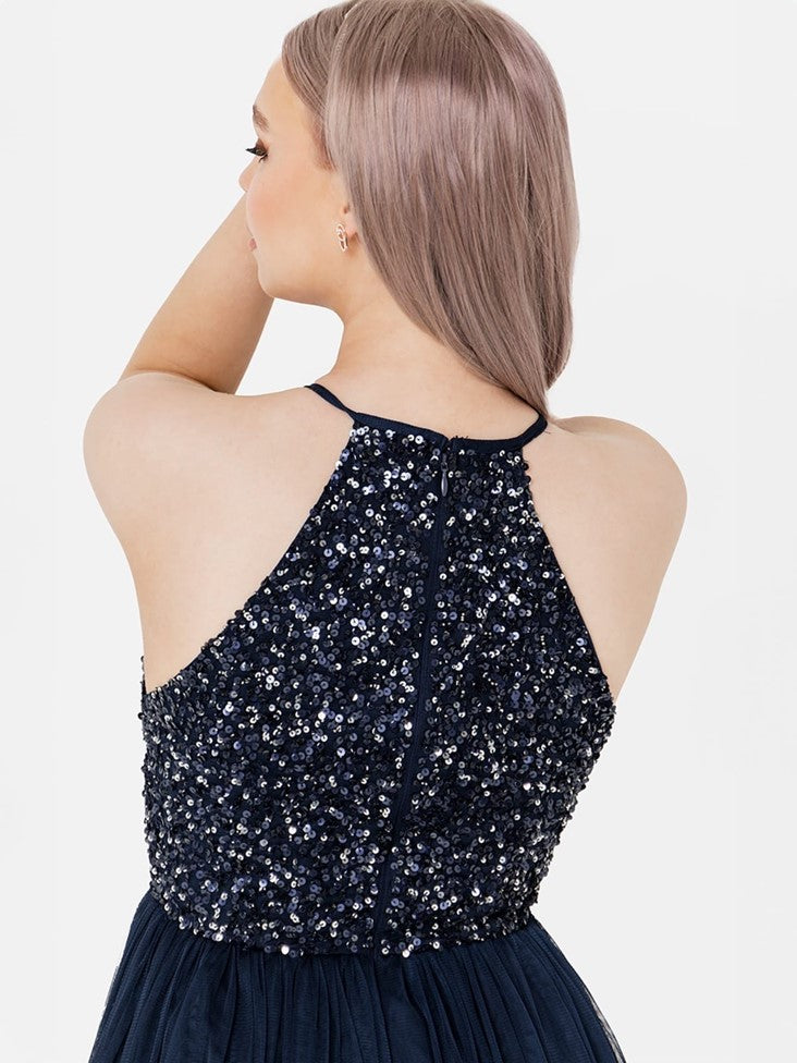 Elegant Navy Sequin Halter Neck Midi Dress for Women | Party & Evening Wear