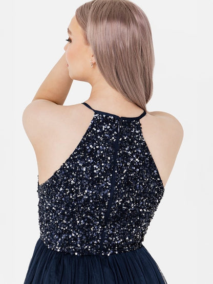 Elegant Navy Sequin Halter Neck Midi Dress for Women | Party & Evening Wear