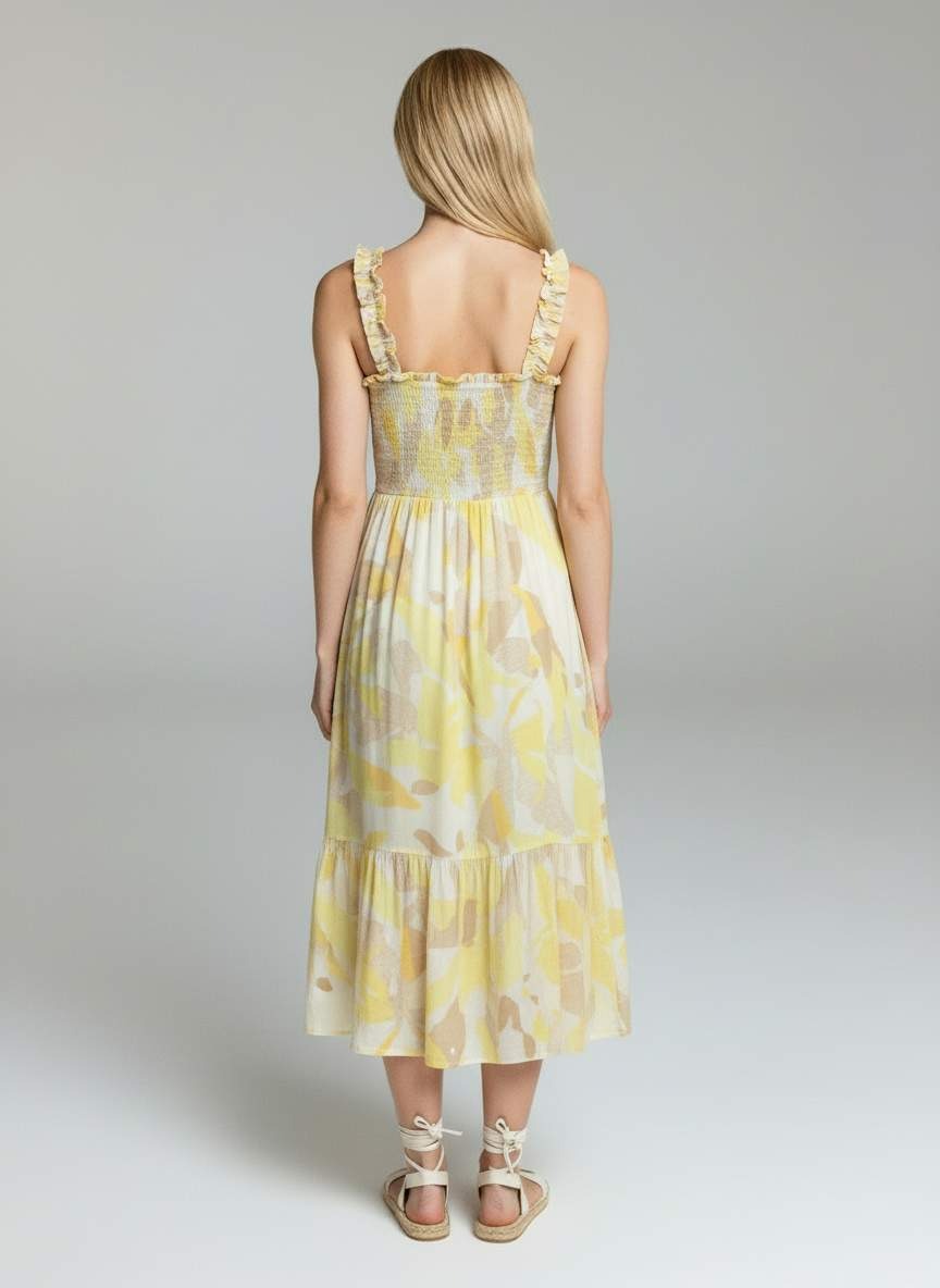 Women’s Yellow Floral Midi Dress – Sleeveless Smocked Summer Casual A-Line Dress