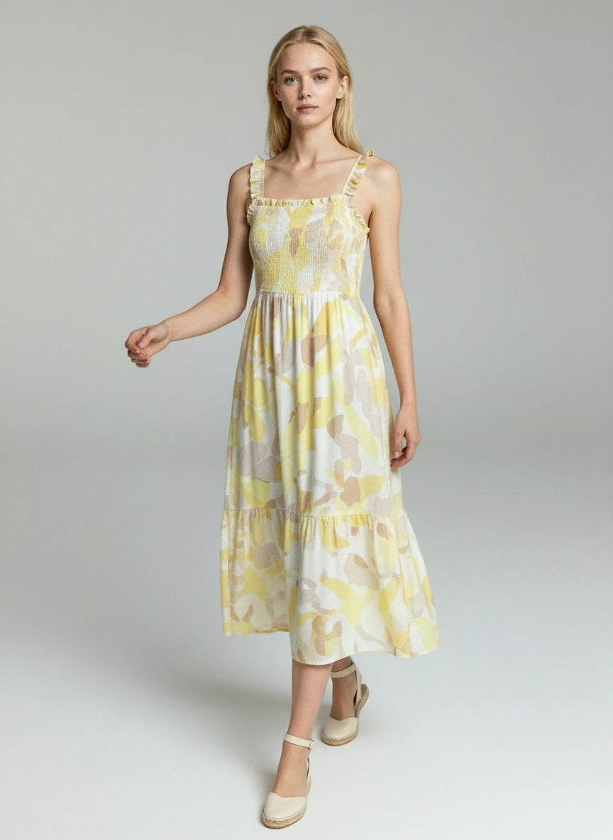Women’s Yellow Floral Midi Dress – Sleeveless Smocked Summer Casual A-Line Dress