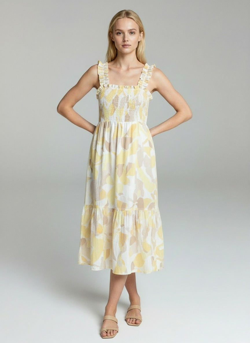 Women’s Yellow Floral Midi Dress – Sleeveless Smocked Summer Casual A-Line Dress