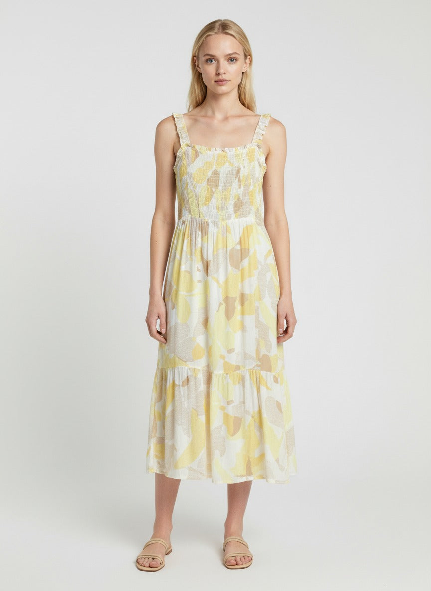 Women’s Yellow Floral Midi Dress – Sleeveless Smocked Summer Casual A-Line Dress