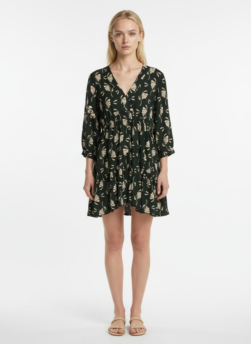 Women’s Dark Green Floral Print V-Neck Tiered Mini Dress