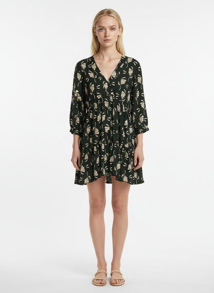 Women’s Dark Green Floral Print V-Neck Tiered Mini Dress