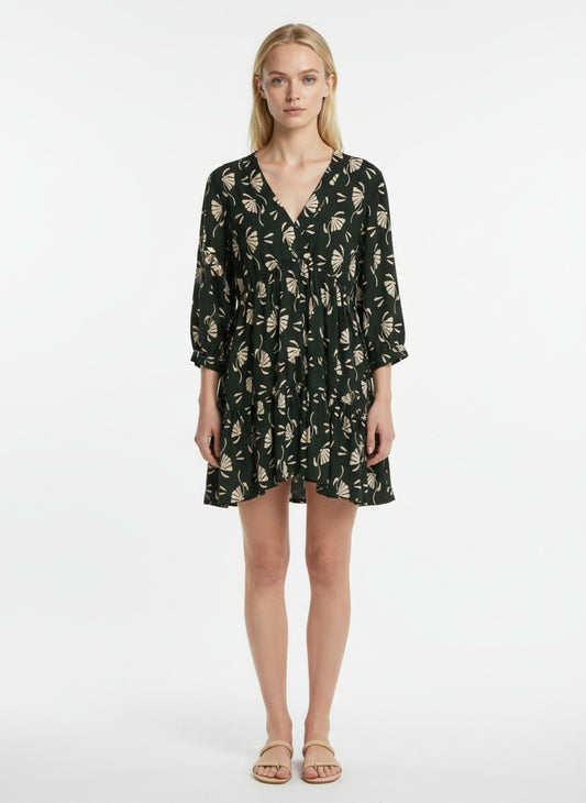 Women’s Dark Green Floral Print V-Neck Tiered Mini Dress
