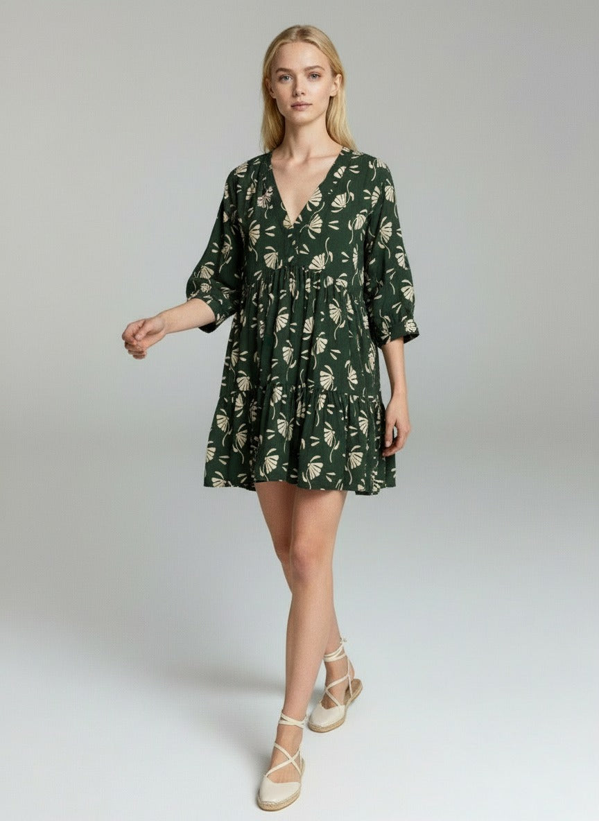 Women’s Dark Green Floral Print V-Neck Tiered Mini Dress