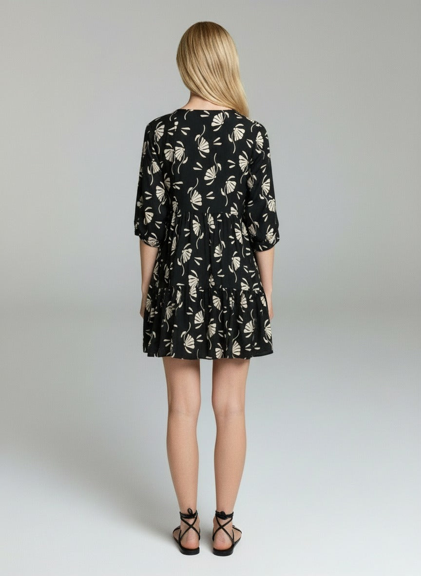 Women’s Dark Green Floral Print V-Neck Tiered Mini Dress