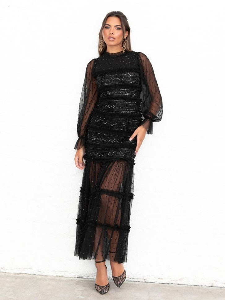 Elegant Black Sheer Sleeve Midi Dress with Sequin Detailing