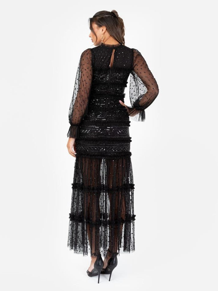Elegant Black Sheer Sleeve Midi Dress with Sequin Detailing