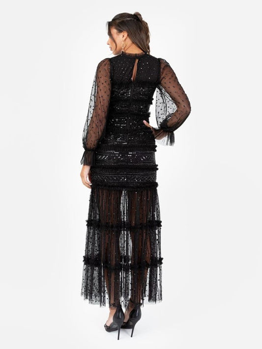 Elegant Black Sheer Sleeve Midi Dress with Sequin Detailing