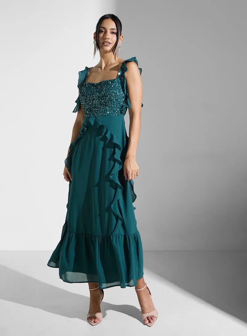 Women’s Emerald Green Sequin Ruffle Maxi Dress – Elegant Party & Evening Wear