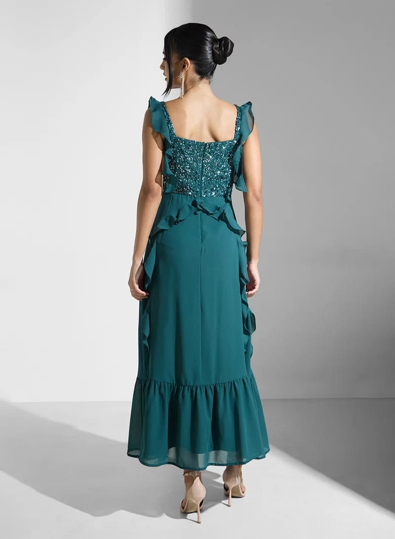 Women’s Emerald Green Sequin Ruffle Maxi Dress – Elegant Party & Evening Wear