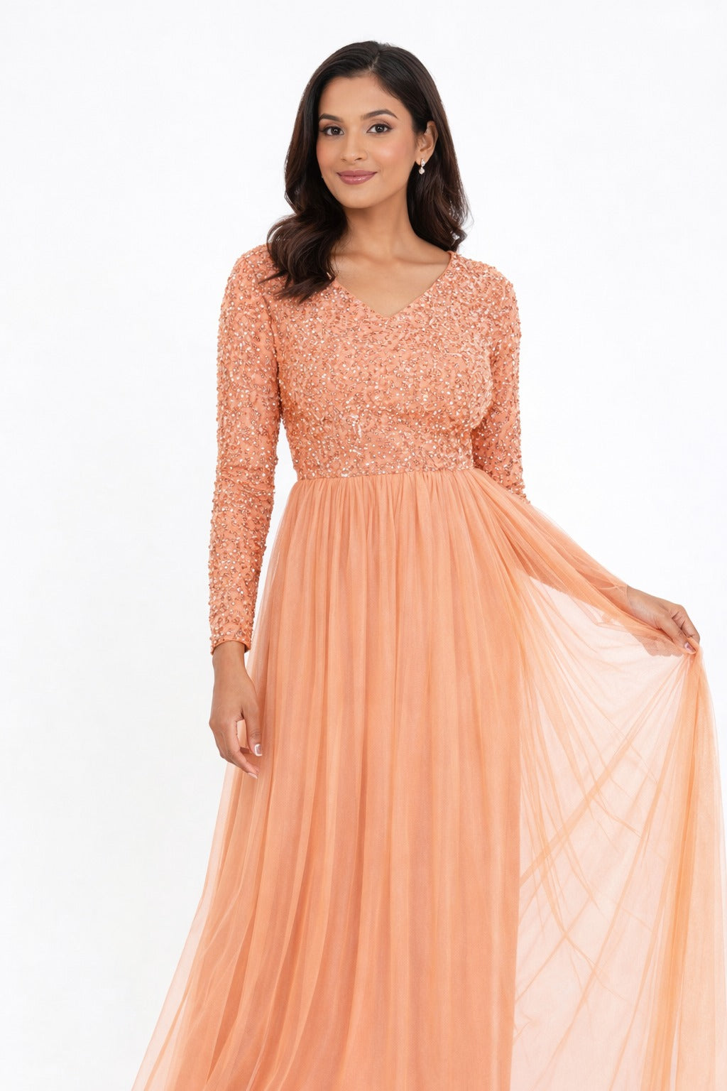 Peach Embellished Net Gown for Women – Elegant Party Wear Long Dress
