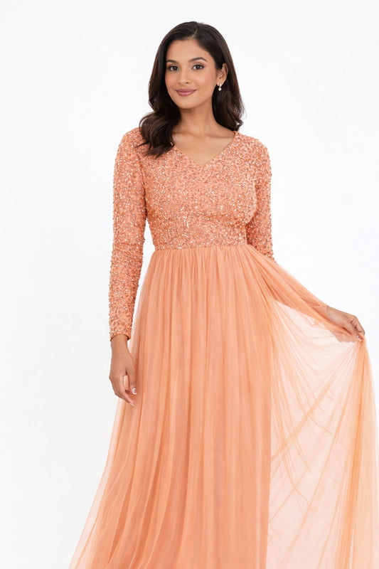 Peach Embellished Net Gown for Women – Elegant Party Wear Long Dress
