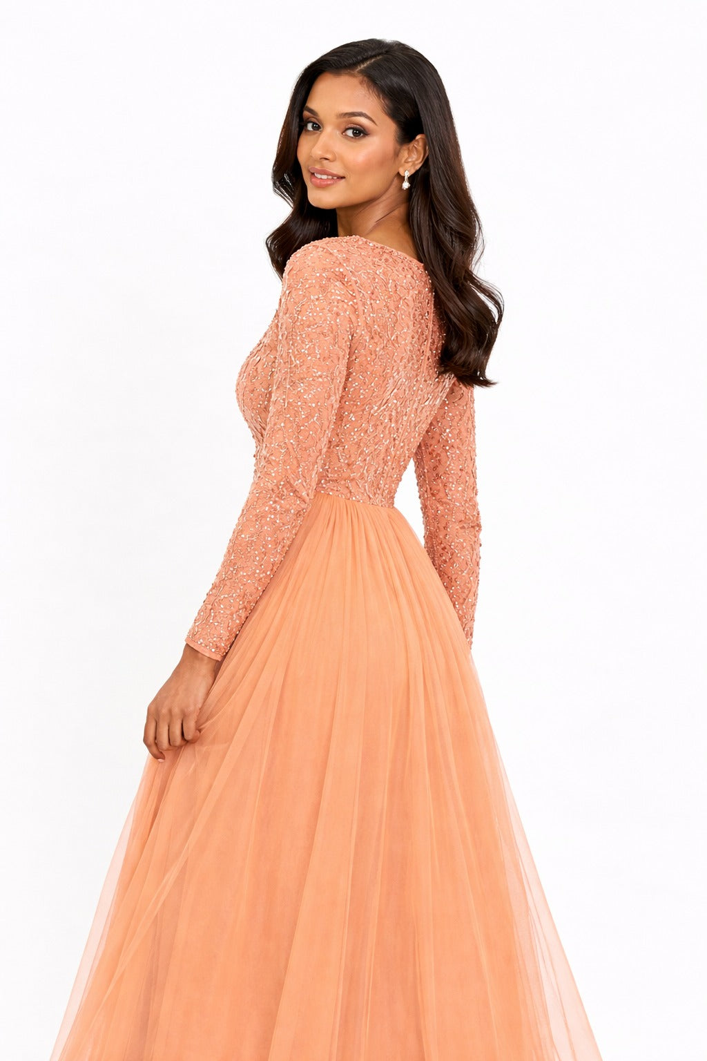 Peach Embellished Net Gown for Women – Elegant Party Wear Long Dress