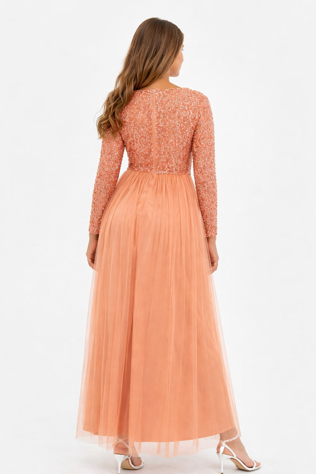 Peach Embellished Net Gown for Women – Elegant Party Wear Long Dress