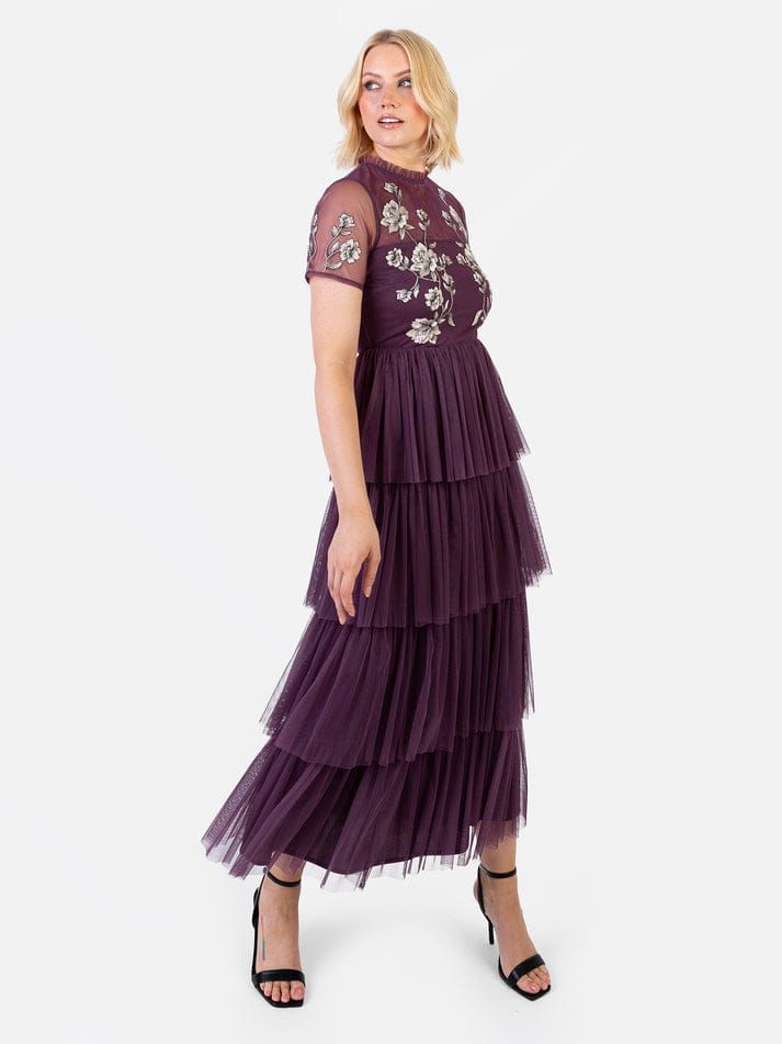 Elegant Plum Purple Floral Embroidered Mesh Maxi Dress for Women