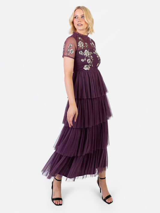 Elegant Plum Purple Floral Embroidered Mesh Maxi Dress for Women