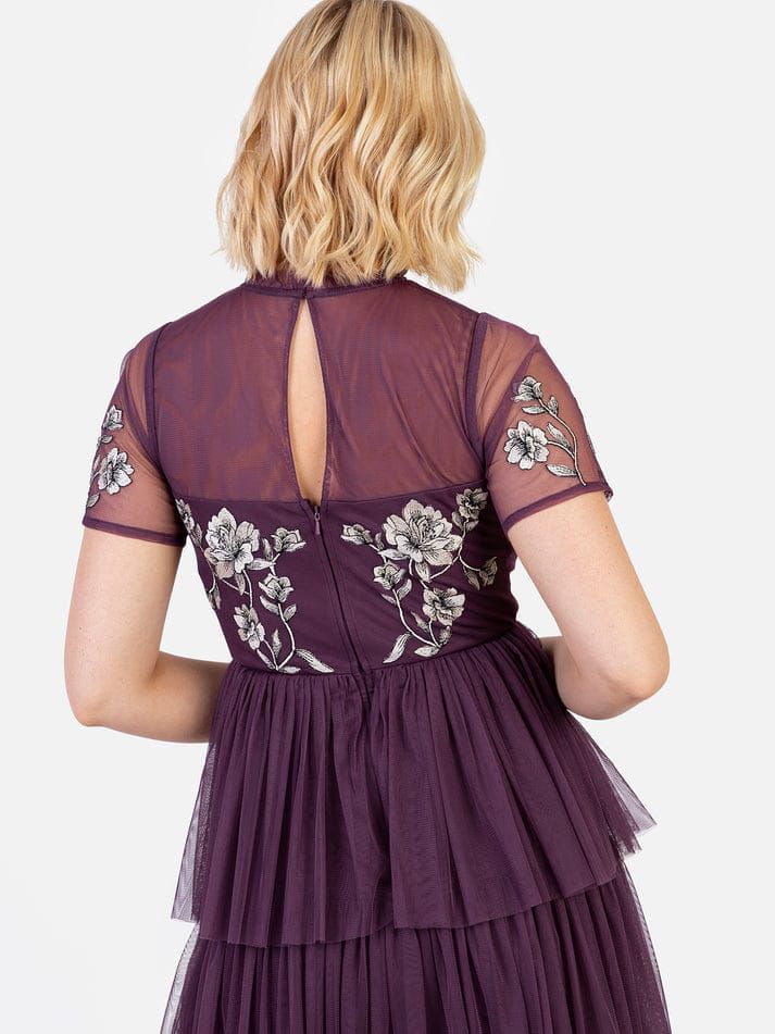 Elegant Plum Purple Floral Embroidered Mesh Maxi Dress for Women