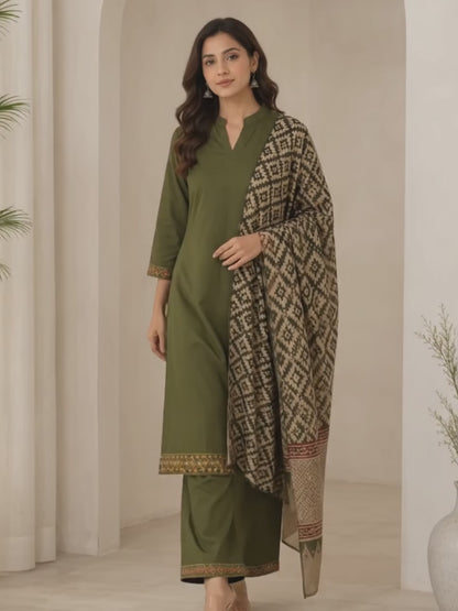 LA QAYARA Olive Green Ethnic Kurta Pant Set with Printed Dupatta