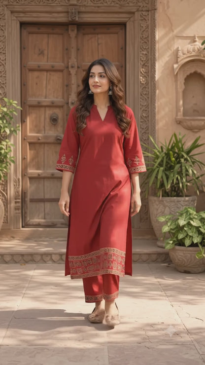 LA QAYARA Ruby Red Printed Dupatta Straight Kurta Pant Set