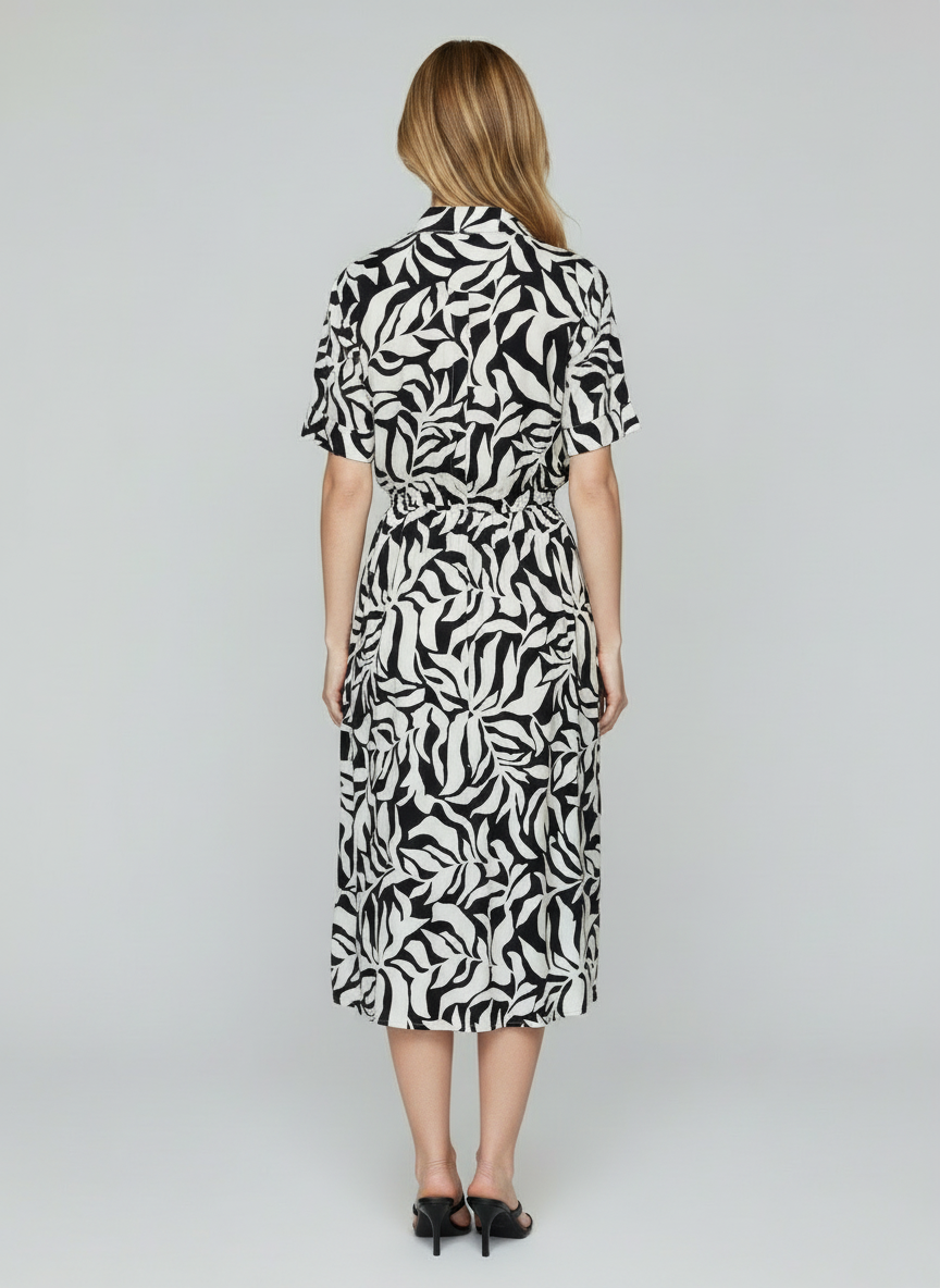 Women’s Black & White Abstract Print Midi Shirt Dress with Belt – Casual Summer Outfit